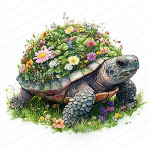 21 Clipart schildpad met bloemenschelp | Botanisch geïnspireerde dierenkunst | Afdrukbare aquarel clipart | Hoge kwaliteit JPG's | Papierkunst