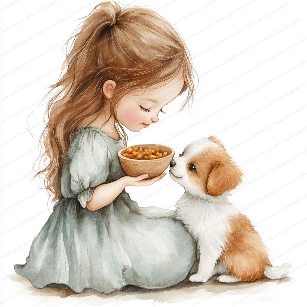 18 子犬に餌をやるクリップアート | 犬のボウルを持つ少女のシーン