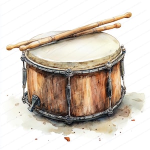 May include: A watercolor painting of a wooden drum with a brown leather head and two wooden drumsticks. The drum is decorated with metal hardware and has a natural wood grain.