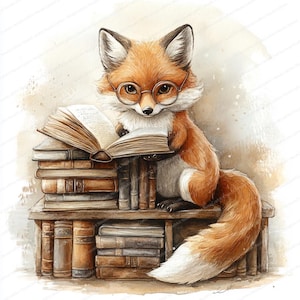 18 vos met bril clipart | Illustratiepakket boeken sorteren | Afdrukbare aquarel clipart | Hoge kwaliteit JPG's | Papierkunst | Junkjournaal