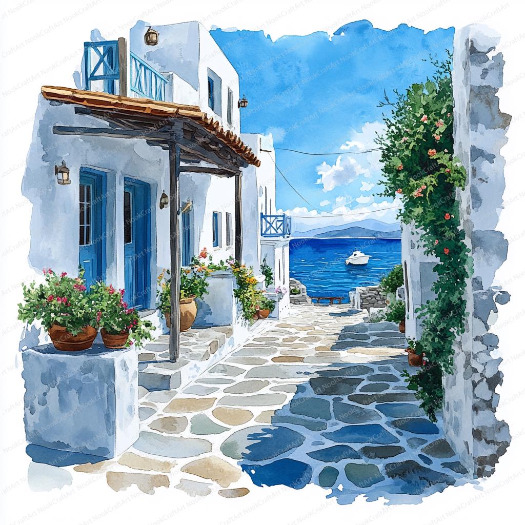 ギリシャの島の白い家のクリップアート20選 | 牧歌的な海岸風景の