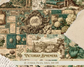 Puede incluir: Un collage de efímeras victorianas con una estética vintage. El diseño presenta ilustraciones botánicas, postales antiguas y marcos ornamentados en tonos de verde azulado, crema y sepia. El texto "Victorian Ephemera" se muestra en una pancarta.
