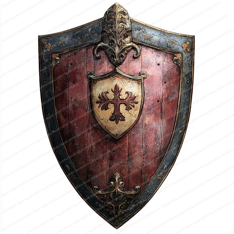 May include: A large, wooden shield with a red, weathered finish. The shield has a blue and gold trim and a smaller shield in the center with a gold cross and a red and gold floral design.