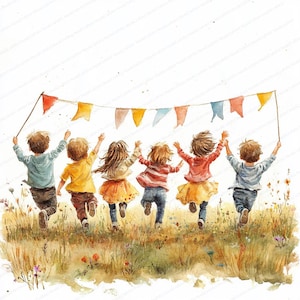 May include: Watercolor illustration of six children running through a field, holding a banner of colorful flags. The children are viewed from the back, with their arms raised in the air. The artwork has a soft, whimsical feel, with a focus on joy and movement.