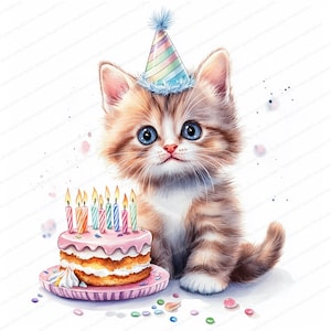 15 cliparts d'anniversaire de chat | Dessins d'aquarelle d'anniversaire de chaton | Fichiers JPG de haute qualité | Téléchargement numérique | Fabrication de cartes avec licence commerciale