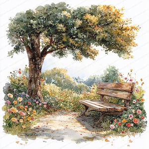 21 tuinbankafbeeldingen | Rustieke bloemensereniteit | Afdrukbare aquarel clipart | Hoge kwaliteit JPG's | Papierkunst | Junkjournaal