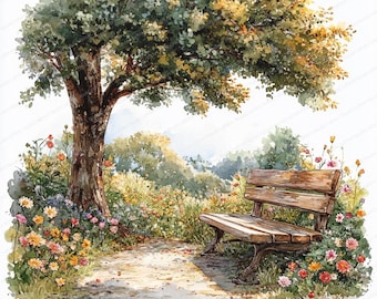 花とベンチ　水彩画 現在、この商品の在庫はありません - Etsy