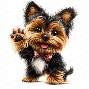 Pode incluir: Um c&atilde;o Yorkshire Terrier de desenho animado usando um la&ccedil;o vermelho com bolinhas brancas, com uma pelagem marrom e preta, est&aacute; em p&eacute; em um fundo branco e acenando com a pata.