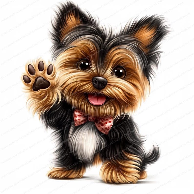 Pode incluir: Um c&atilde;o Yorkshire Terrier de desenho animado usando um la&ccedil;o vermelho com bolinhas brancas, com uma pelagem marrom e preta, est&aacute; em p&eacute; em um fundo branco e acenando com a pata.