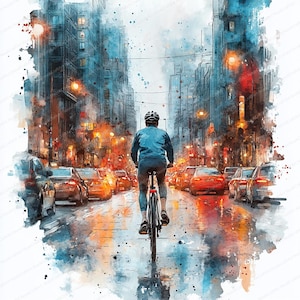 22 Urban Radfahrer Clipart | City Street Fahrrad Illustration | Druckbare Aquarell Clipart | Hochwertige JPGs | Papiermodell | Junk Journal