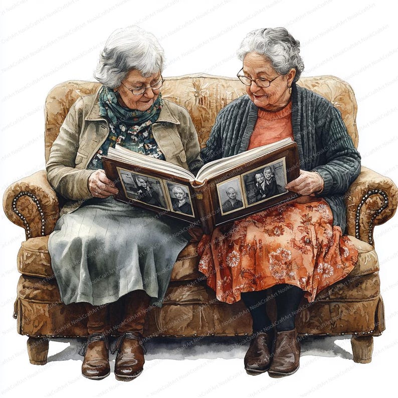 May include: Two women sitting on a brown leather couch, looking at a photo album together. The album is open and shows black and white photos of people. The women are wearing casual clothing and smiling.