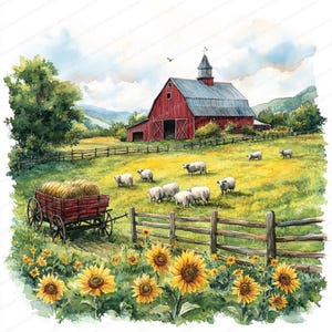 Pode incluir: Pintura em aquarela de um celeiro vermelho com telhado cinza, uma carroça de feno e ovelhas pastando em um campo de flores amarelas. Uma cerca de madeira e girassóis em primeiro plano. O céu está nublado.