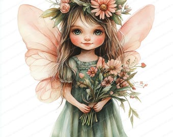 Puede incluir: Una pintura de acuarela de un hada con alas rosadas, un vestido verde y una corona de flores. Ella sostiene un ramo de flores rosas y blancas.