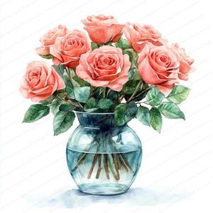 20 rosa Rosen in Vase Clipart | Elegantes Blumenkunstwerk-Design | Druckbare Aquarell Clipart | Hochwertige JPGs | Papiermodell | Zeitschrift