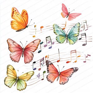 14 notes avec des papillons Clipart | Fantaisie musicale | Clipart aquarelle imprimable | JPG de haute qualité | Téléchargement numérique | Créations en papier