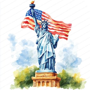 17 Estátua da Liberdade segurando bandeira Clipart | Arte de ícone americano patriótico | Clipart de aquarela para impressão | JPGs de alta qualidade | Diário de lixo