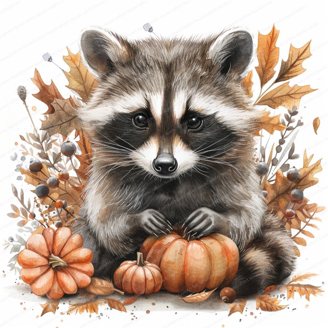 12 Cute Fall Raccoons Clipart | Watercolor Autumn Raccoon | High ...