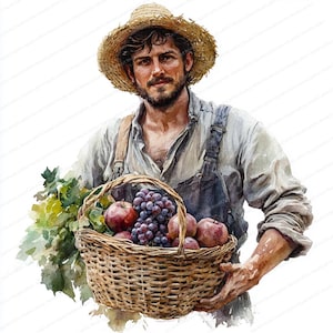 18 cliparts fermier avec panier | Illustration de la récolte des fruits | Clipart aquarelle imprimable | JPG de haute qualité | Créations artisanales en papier | Journal indésirable