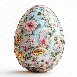 May include: A decorative egg with a light blue background, adorned with pink flowers, green leaves, and gold-colored vines. The egg's surface has a textured, embossed appearance, creating a three-dimensional floral design. The egg is a unique decorative item.