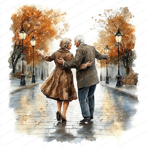 May include: Watercolor painting of an elderly couple dancing on a cobblestone street. The woman wears a brown coat and the man a brown jacket. Autumn trees and street lamps line the path, with a soft, warm color palette.