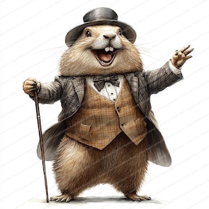 May include: A watercolor illustration of a groundhog dressed in a tweed suit, vest, bow tie, and top hat, holding a cane. The groundhog has a wide, happy grin and is gesturing with one arm raised.