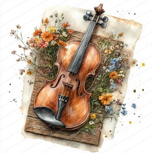 21 Violín con flores Clipart / Diseño elegante de ramo musical / Clipart de acuarela imprimible / JPG de alta calidad / Manualidades de papel / Diario