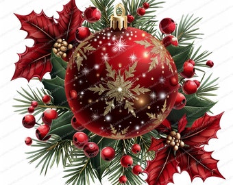 Puede incluir: Un adorno navideño rojo con un diseño de copo de nieve dorado y purpurina. El adorno está rodeado de ramas de pino verdes, bayas rojas y hojas de poinsettia rojas.