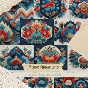 Ethno Ornamente Junk Journal Kit | Folk Muster Collage Blätter | Stammes- Textildruckpapier | Boho ethnischen Sammelalbum Ephemera