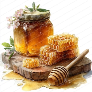 Può includere: Illustrazione ad acquerello di miele e favo. Un barattolo di vetro di miele è posto accanto a pezzi di favo su una tavola di legno. Un misurino di miele in legno è posto nelle vicinanze. Fiori rosa e foglie verdi decorano il barattolo.