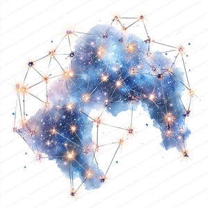 May include: Abstract watercolor art piece featuring a celestial design. A network of interconnected lines and sparkling points overlays a blue and purple watercolor wash, evoking a sense of the cosmos. The artwork is set against a clean white background.