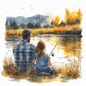 14 Clipart pêche père fille | Illustration des liens familiaux | Clipart aquarelle imprimable | JPG de haute qualité | Créations artisanales en papier | revue