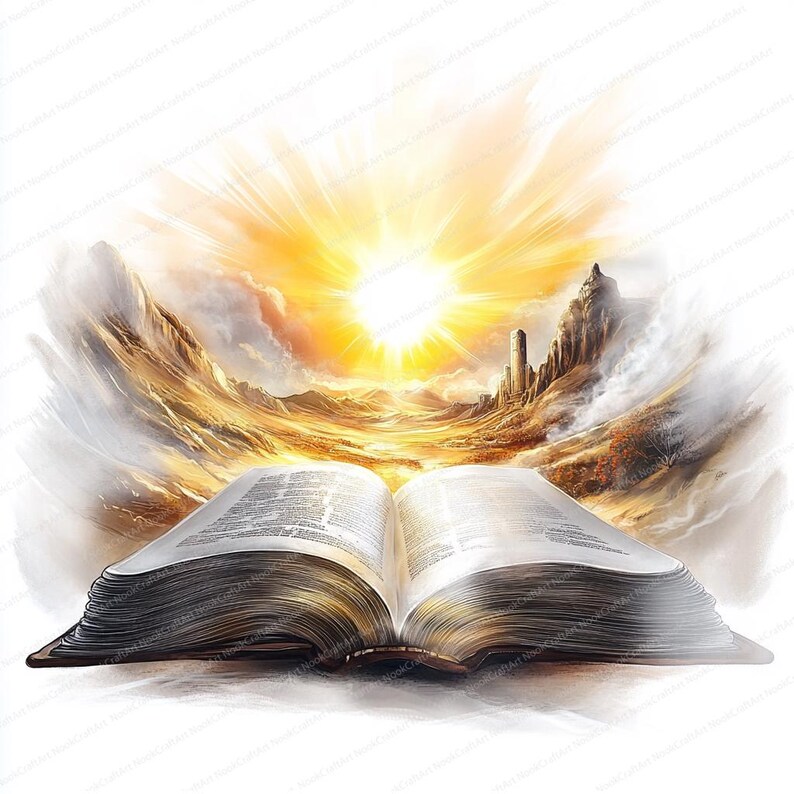 May include: An open book with a golden cover and white pages. The book is open to reveal a landscape with a bright sun shining in the sky. The landscape is a desert with mountains and a city in the distance.