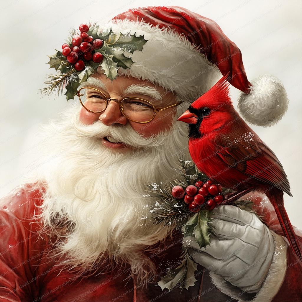 14 Vintage Santa With Cardinal Clipart | Printable Watercolor Clipart ...