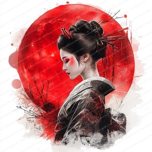 17 Geisha und Roter Mond Clipart | Künstlerisches Japanisches Illustrationspaket | Druckbare Aquarell Clipart | Hochwertige JPGs | Papierhandwerk