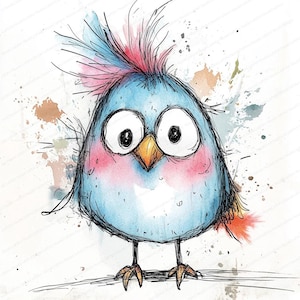 Puede incluir: Ilustraci&oacute;n en acuarela de un p&aacute;jaro azul con grandes ojos expresivos y un mech&oacute;n de plumas rosas y azules. El p&aacute;jaro tiene mejillas rosadas y est&aacute; posado sobre una l&iacute;nea fina, con salpicaduras de pintura coloridas en el fondo.