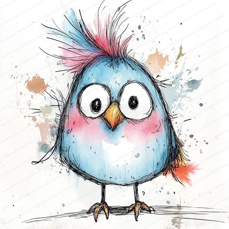 Puede incluir: Ilustraci&oacute;n en acuarela de un p&aacute;jaro azul con grandes ojos expresivos y un mech&oacute;n de plumas rosas y azules. El p&aacute;jaro tiene mejillas rosadas y est&aacute; posado sobre una l&iacute;nea fina, con salpicaduras de pintura coloridas en el fondo.