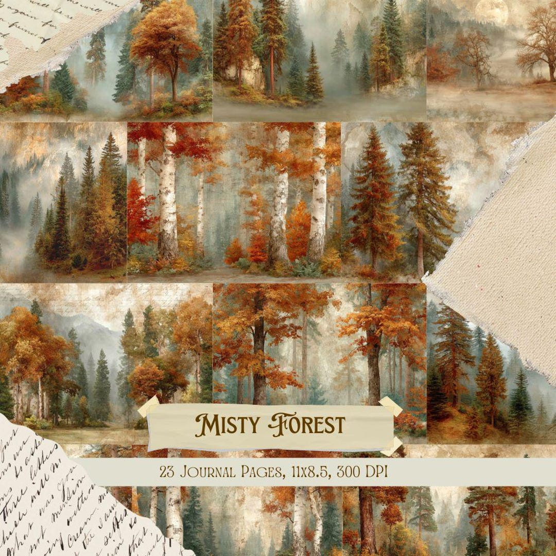 Misty Forest Junk Journal Kit | Vintage Woodland Collage Sheets | Foggy ...