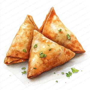 20 Samosa Potato Spice Clipart / Diseño auténtico de refrigerio indio / Clipart de acuarela imprimible / JPG de alta calidad / Manualidades de papel / Diario