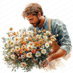 18 Mann Sammelt einen Blumenstrauß Clipart | Florist Kunst Illustration Design | Druckbare Aquarell Clipart | Hochwertige JPGs | Junk Journal