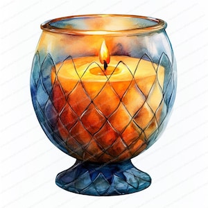 18 velas en portavelas de cristal, ilustración de decoración elegante, clipart de acuarela imprimible, archivos JPG de alta calidad, manualidades de papel, diario
