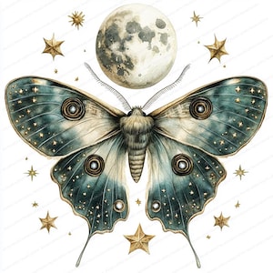 20 Motte Mond Himmlische Clipart | Druckbare Aquarell Clipart | Hochwertige JPGs | Digitaler Download | Papiermodelle | Junk Journal