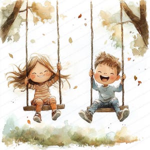 20 kinderen swingende clipart | Illustratie kinderen in het park | Afdrukbare aquarel clipart | Hoge kwaliteit JPG's | Papierkunst | Junkjournaal