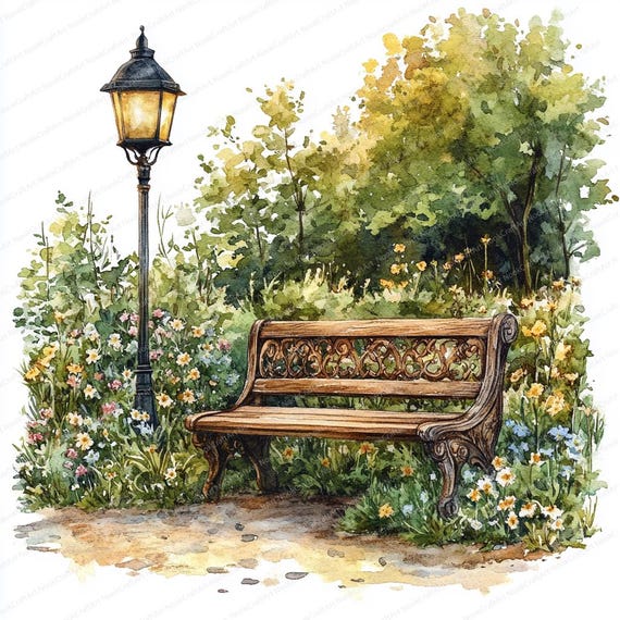 20 春の公園のランタンベンチのクリップアート | 穏やかな夜のイラスト