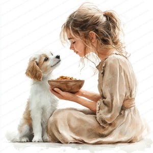 18 Clipart di alimentazione di cuccioli / Scena di bambina con ciotola per cani / Clipart acquerello stampabile / JPG di alta qualità / Lavoretti di carta / Diario spazzatura