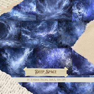 Puede incluir: Un conjunto de 24 páginas de diario con temática de espacio profundo. Las páginas muestran texturas cósmicas en tonos azules y blancos, con una pancarta que dice "Deep Space". Cada página mide 27,9 x 21,6 cm.