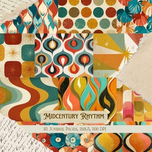 May include: A collage of retro-style patterned journal pages. The designs feature vibrant colors and geometric shapes, including circles, teardrops, and wavy lines. The text "Midcentury Rhythm" and "23 Journal Pages, 11x8.5, 300 DPI" are visible.