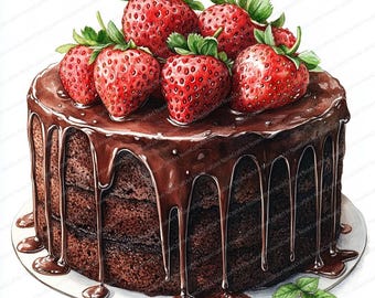 24 Schokolade Erdbeer Kuchen Clipart | Dessert Themed Digital Art | Druckbare Aquarell Clipart | Hochwertige JPGs | Papierhandwerk