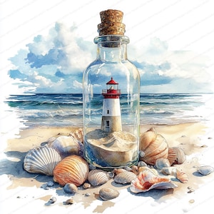 Può includere: Dipinto ad acquerello di un faro all'interno di una bottiglia di vetro con tappo di sughero. Il faro è rosso e bianco, su una spiaggia sabbiosa con conchiglie. Lo sfondo mostra l'oceano e il cielo.