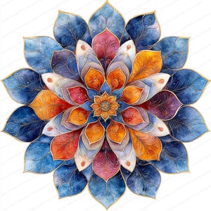 Puede incluir: Un diseño de mandala en acuarela con pétalos en capas en tonos de azul, naranja, morado y rosa. El diseño tiene un contorno dorado y una pequeña flor en el centro. La imagen está sobre un fondo blanco.