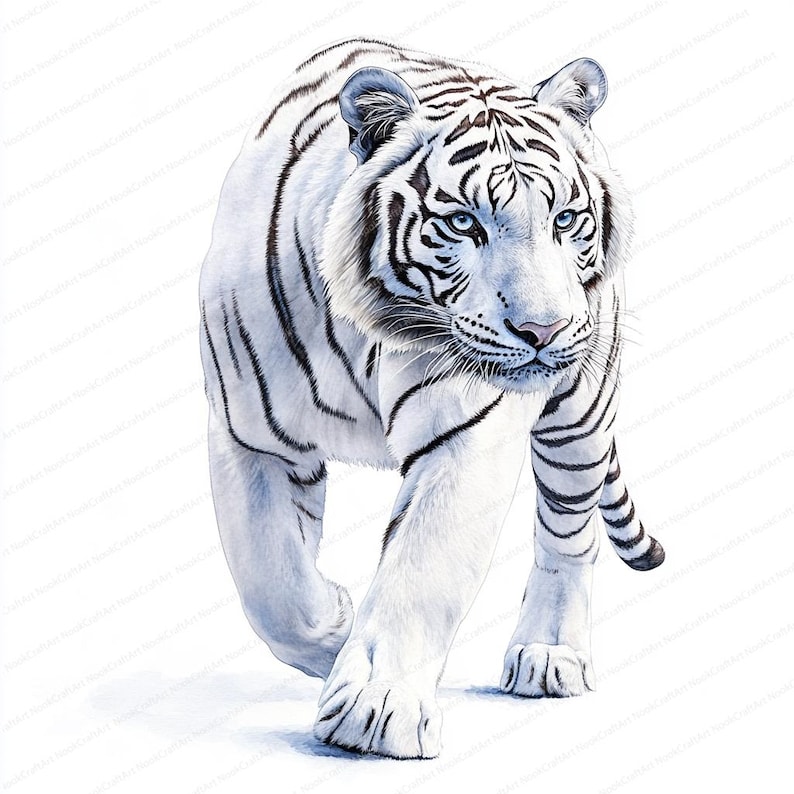 May include: A detailed illustration of a white tiger with black stripes, walking towards the viewer. The tiger has striking blue eyes and is set against a plain white background. The image captures the animal's powerful stance and detailed fur.